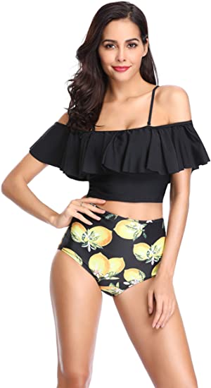 MARINAVIDA Women Off Shoulder Ruffle Swimsuit Crop Top Two Piece Bathing Suit(Slim Version)