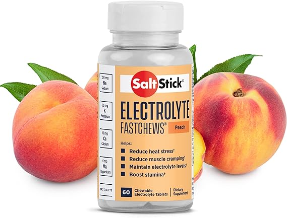 SaltStick FastChews Electrolytes - 60 Chewable Electrolyte Tablets - Salt Tablets for Running, Fast Hydration, Leg Cramps Relief, Sports Recovery - Non-GMO, Vegan, Gluten Free (Peach)