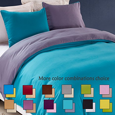 NTBAY 3 Pieces Full/Queen Reversible Solid Color Microfiber Duvet Cover Set with Zip ( Full/Queen,Green Blue and Light Purple )