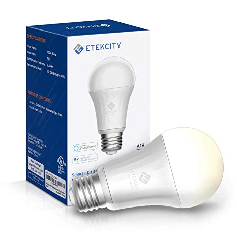 Etekcity A19 Smart LED Light Bulb, Works with Alexa and Google Assistant, WiFi Dimmable Soft White Edison Bulb, Easy Setup, 60W Equivalent, E26, 2700K, 806LM, No Hub Required, UL and FCC Listed