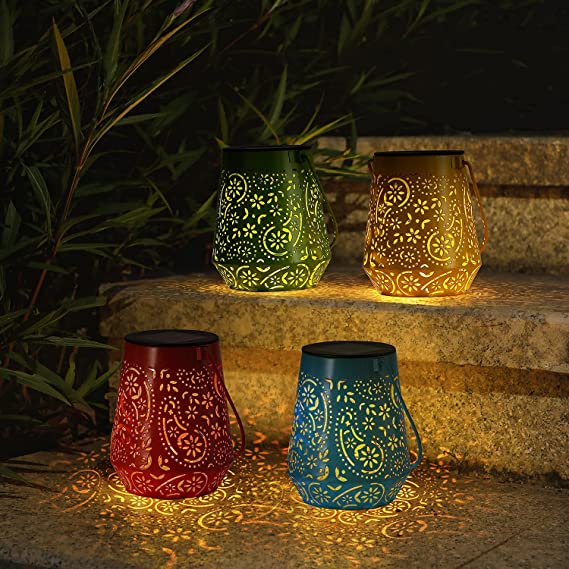 Solar Lanterns for The Garden - OxyLED 4 Pack Colorful Hanging Metal Lamp IP44 Waterproof Moroccan Garden Ornaments Outdoor for Patio Fence Tree Room Outside Multicolors
