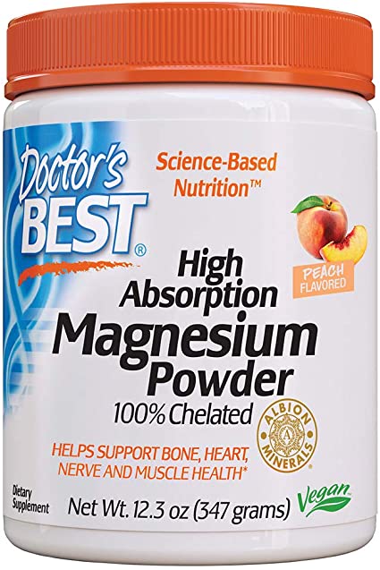 Doctor's Best High Absorption Magnesium Powder (Peach Flavored) 100% Chelated TRACCS, Not Buffered, Headaches, Sleep, Energy, Leg Cramps, Gluten Free, Vegan, Peach, 12.3Count