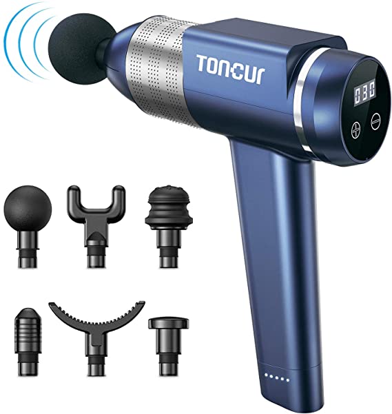 Toncur 35dB Super Quiet Muscle Massage Gun Portable, 14MM Deep Tissue Percussion Massager Gun with 30 Speeeds / 6 Massage Heads / 10 hrs Battery Life for Soreness Pain Relief