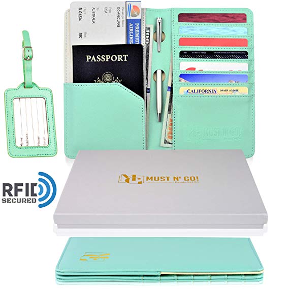 MUST N’ GO! RFID Passport Holder for Women - Travel Passport Wallet RFID Blocking and Luggage Tag Set - Elegant Gift Box - Sky Green