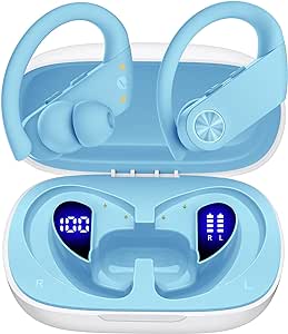 PocBuds Wireless Earbuds Bluetooth Headphones 110Hrs Playback Sports Ear Buds with 2200mAh Charging Case & Dual Power Display Over-Ear Stereo Bass Earphones with Earhooks for Running Workout Blue