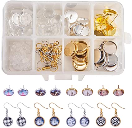 SUNNYCLUE Earring Wire Hook with 12mm Cabochon Pendant Settings, 12mm Ear Studs Settings, 40pcs Glass Cabochons, 40pcs Earnuts Earrings Backs - Make 10 Pairs Dangle Earrings   10 Pairs Ear Stud