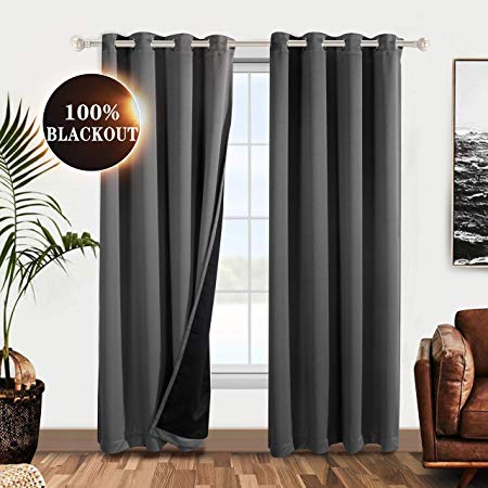 WONTEX 100% Grey Blackout Curtains for Bedroom 52 x 84 inches Long - Thermal Insulated, Noise Reducing, Sun Blocking Lined Window Curtain Panels for Living Room, Set of 2 Grommet Winter Curtains