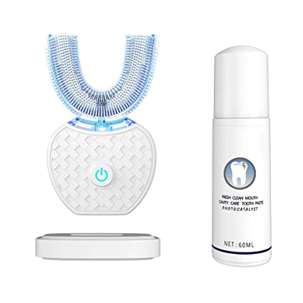 Ultrasonic Automatic Toothbrush,360° Ultrasonic Tooth Cleaner Brush Electric Toothbrush and Teeth whitening kit 30'' Automatic Timer, Wireless Charging toothbrush Washable Travel Home Dual-use (White)