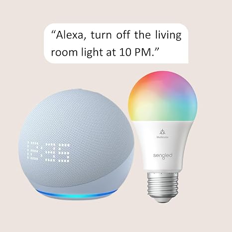 Echo Dot (5th Gen) with Clock | Cloud Blue with Sengled Smart Color Bulb