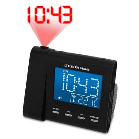 Electrohome Projection Alarm Clock with AMFM Radio Battery Backup Auto Time Set Dual Alarm Indoor TemperatureDayDate Display and 35mm Audio Connection for Smartphones and Tablets EAAC600