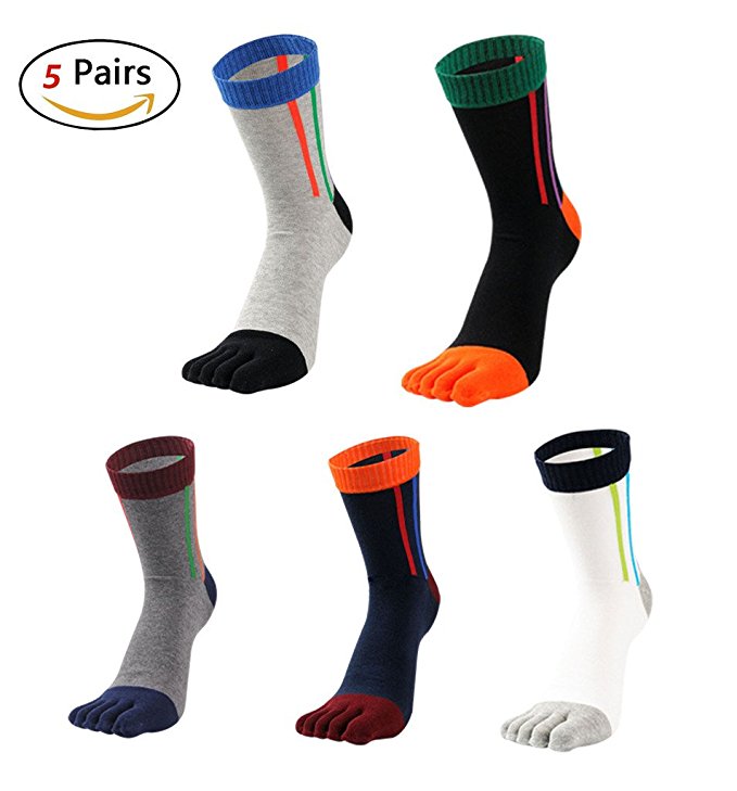 Men's Cotton 5 Finger Toe Socks Athletic Wicking Grip Crew Quarter Colored 5 Pack Size 9-12