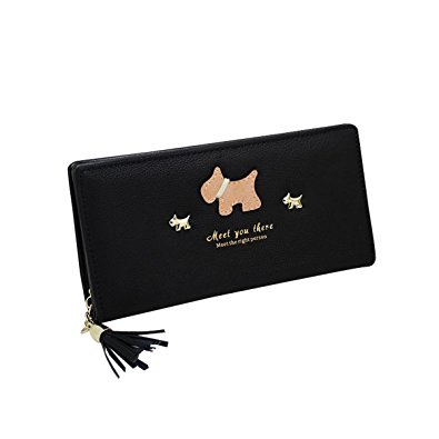 HeySun Casual Women's Bifold Long Wallet Purse Leather Dog Pattern Card Holder Money Clip with Tassel