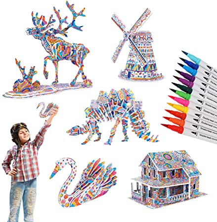3D Coloring Puzzle Set, Arts and Crafts for Girls and Boys Age 6 7 8 9 10 11 12 Year Old, Fun Educational Painting Crafts Kit with Supplies for Kids, Birthday Toy Gift for Kids (5-Pack)
