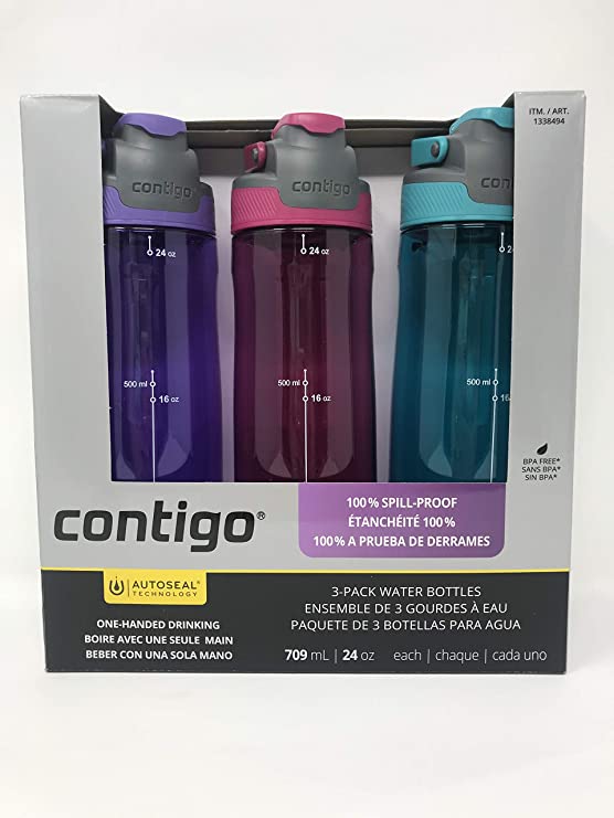 Contigo Auto Seal 3-Pack Water Bottles (Purple, Pink, Blue)