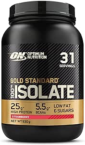 Optimum Nutrition ON Gold Standard 100% Isolate Pure Whey Protéine, BCAAs et Glutamine d'Origine Naturelle, Avant et Après Entraînement, Saveur Fraise, 31 Portions, 930 g