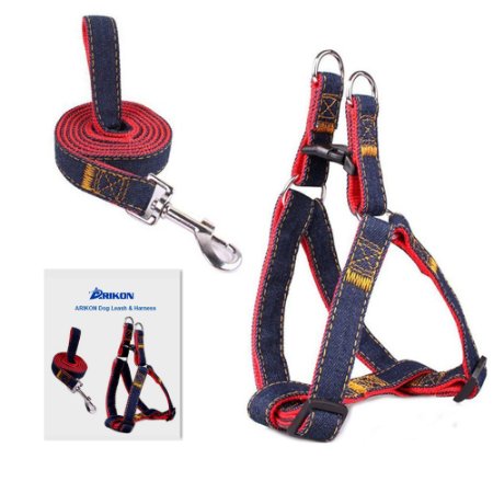 No-Pull Dog Leash Harness, ARIKON Adjustable and Heavy Duty Denim Dog Training Walking Leash Collar for Large/Medium/Small Dog