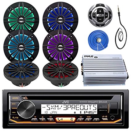 JVC Marine Stereo Receiver Bundle Kit with Remote Control, 6 Enrock 6.5" Marine Speakers, Pyle 4 Ch 400w Waterproof Amplifier, Enrock Wire Antenna, Enrock 50 ft Speaker Wire (Black)