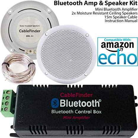SMART HOME Bluetooth Amplifier & 2x Moisture Resistant Ceiling Speaker Kit – Compact HiFi Mini / Micro Amp – Bathroom / Kitchen Audio Music Player System - CableFinder