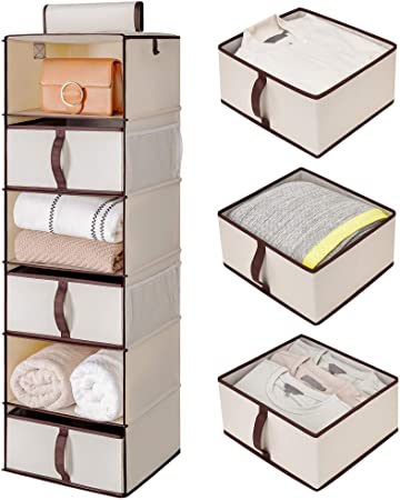 StorageWorks 6-Shelf Hanging Closet Organizer, Hanging Shelves for Closet with 3 Drawers, Canvas, Beige, 13.6”W x 12.2”D x 42.5”H