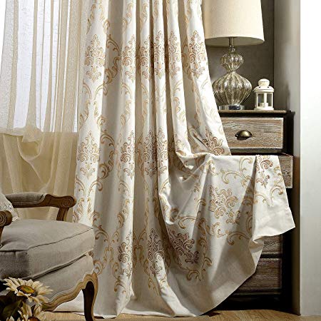 VOGOL 2 Panels Flower Embroidered Faux Linen Grommet Curtains for Living Room,Energy Efficient Window Treatment Panels,52 x 63 Inch