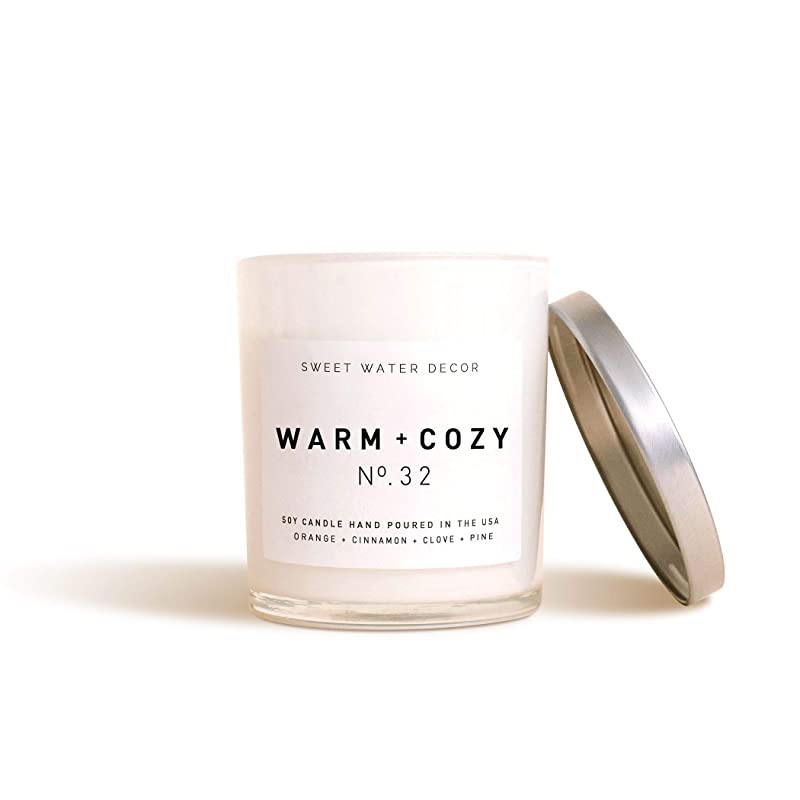 Warm and Cozy Candle Natural Soy Wax White Jar Silver Lid Scented Orange Cinnamon Ginger Clove Cypress Pine Fir Holiday Christmas Winter Home Decor For Her Made in USA Lead and Gluten Free Cotton Wick