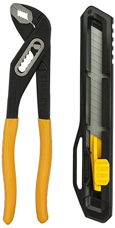 STANLEY 71-669 10'' Water Pump Plier Box JointCurve Steel (Yellow & Black) & STANLEY STHT10323-800 18mm Plastic Slide Lock Snap Off Knife (Black)