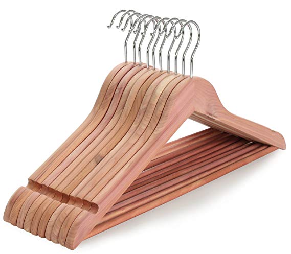 TOPIA HANGER American Red Cedar Wood Coat Hangers, Wooden Suit Hangers, Moth Repellent- Smooth Finish and Cut Notches- 360°Flexible Hook- Solid Non-Slip Bar, 10 Pack- Natural- CT07C