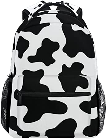 Casual School Backpack Black And White Cow Print Lightweight Travel Daypack College Shoulder Bag for Women Girls Teenage