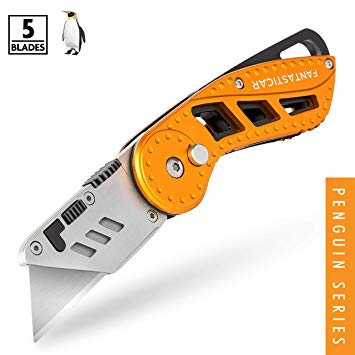 FANTASTICAR Folding Utility Knife Gift Box Cutter Set Lightweight Aluminum Body with 5-Piece Extra Blades (Orange)