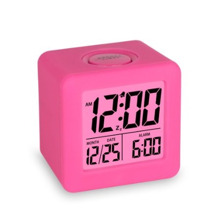 Plumeet Easy Setting Travel Alarm Clock with SnoozeSoft Night LightCute Silicone CoverDigital Alarm Clock Large Display Time and Month and Date and Alarm Batteries Powered Pink