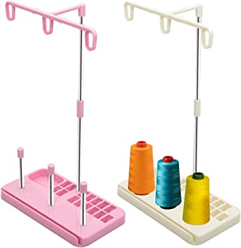 Vuzvuv 2 Pack Thread Holders,Thread Organizer for Embroidery and Sewing Machines,Thread Rack for 3 Spools of Thread, Embroidery Thread Spool Holder Suitable for Beginners, Adults, White-Pink