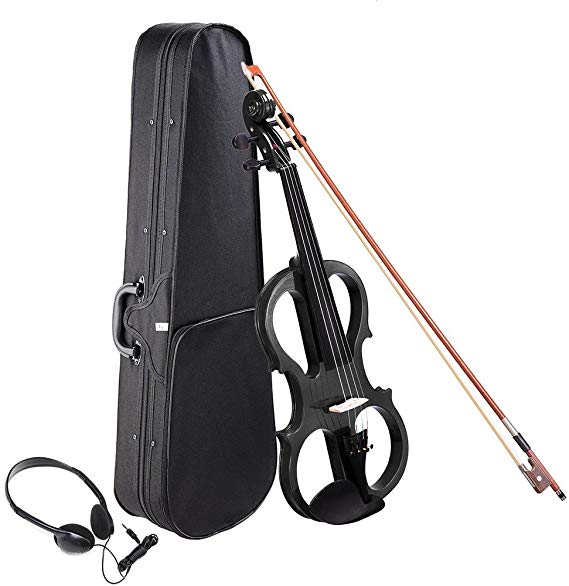 AW 4/4 Electric Violin Full Size Wood Silent Fiddle Stringed Instrument Bow Headphone Case Black