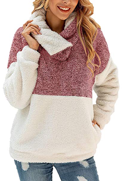 Angashion Womens Outwear Coat Long Sleeve Faux Fur Zipper Cowl Neck Fleece Pullover Sweatshirt Tops with Pocket