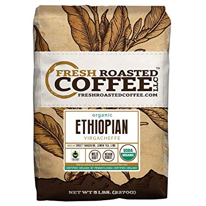Fresh Roasted Coffee LLC, Organic Ethiopian Yirgacheffe Coffee, USDA Organic, Fair Trade, Medium Roast, Whole Bean, 5 Pound Bag