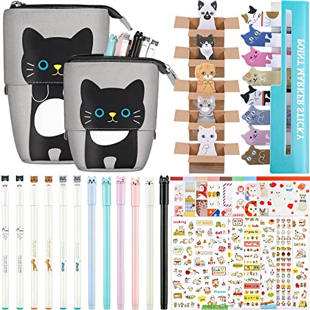 417 Pieces Cute Cat Stationery Set Cat Transformer Stand Pencil Pouch Bag Cat Gel Ink Pens Sticky Memos Sticker Sheet Cat Sticker Album Bookmark Page Flag for School Office Supplies (Black Cat)