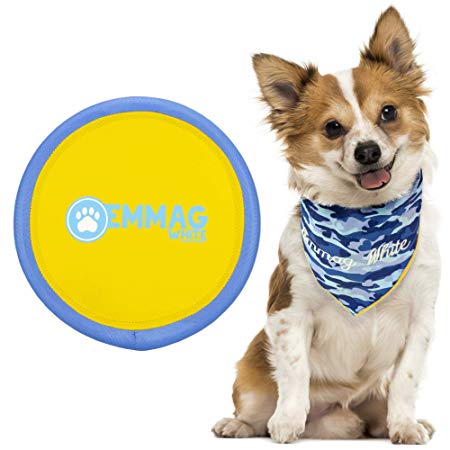 EmmaG White Soft Flying Frisbee Disc for Dogs - Large Tough Durable Soft Frisbee Dog Toys Color Blue and Yellow and Bandana Triangle Bib Washable Scarf for Small Medium Size Dogs Accessories for Dogs