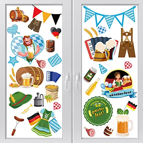 9 Pieces Oktoberfest Window Stickers Beer Festival Window Decals Beer Wheat Ears German Flag Pennant Beer Barrel Sausage Windows Clings for German Beer Home Party Decoration Supplies