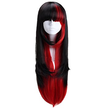 Angelaicos Women's Straight Two Tone Harajuku Style Bangs Lolita Halloween Costume Cosplay Party Full Wigs Long Black Red