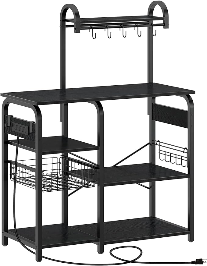 Rolanstar Baker's Rack with 4 Power Outlet &13 Hooks, Microwave Stand Storage, Coffee Bar, 6-Tier Kitchen Storage Rack with Pull Basket, Freestanding Utility Rack with Stable Metal Frame, Black