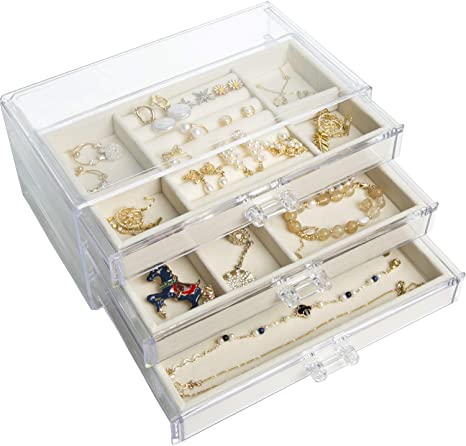 Acrylic Jewelry Box for Women with 3 Drawer, Velvet Jewelry Organizer for Earring Bangle Bracelet Necklace and Rings Storage Clear Acrylic Jewelry Storage Case Beige