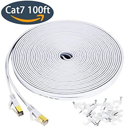 Cat 7 Ethernet Cable 100 ft, Wireless Outdoor Networking Patch Cable with Clips,Supports Cat6/Cat6a/Cat5 with Gold Plated RJ45 Connectors for Gaming,MAC,Desktop,ADSL,Lan-White