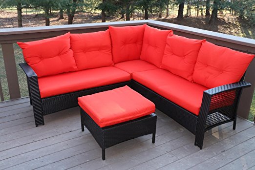 Oliver Smith - Large 4 Pc High Back Rattan Wiker Sectional Sofa Set Outdoor Patio Furniture - Aluminum Frame with Ottoman - 9514 Red