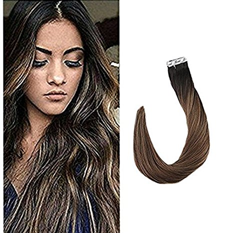 Full Shine 22 inch Hair Extensions Glue in Balayage Invisible Tape in Hair Extensions Black Roots Color #1B Fading to #4 and #8 20 Pcs 50gram Extension Tape Hair