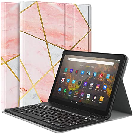 MoKo Case Fits All-New Kindle Fire HD 10 & 10 Plus Tablet (11th Generation, 2021 Release) 10.1",PU Tablet Cover Shell Case with Removable Wireless Keyboard, Marble Pink