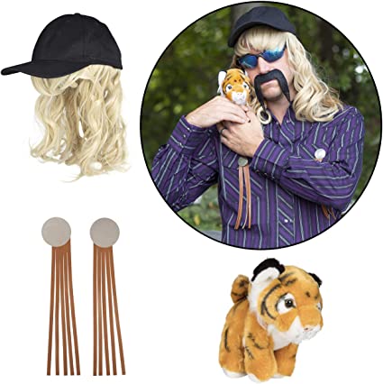 Joe Exotic Tiger King-Inspired 6pc Deluxe Halloween Costume for Adults! As Seen On Netflix Includes Hat w Mullet Wig, Tassels, Tiger Plush Stuffed Animal (Mustache/Shades Sold Separately)