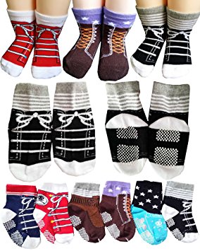 BSLINO Non-Skid Gripper Assorted 6 Pairs 12-24 Months Baby Boy Toddler Socks Anti Slip Stretch Knit Grips Cotton Shoe Socks Slippers   Thank you Card (Multicolor)