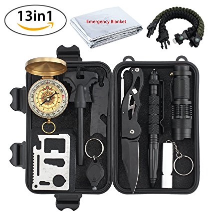 Justech Survival Kit 13 in 1, Mini Survival Gear Kit Outdoor Survival Tool with Thermal Blanket Carabiner Bracelet Fire Starter More for Adventure Outdoors Sports Traveling Hiking Biking Climbing Hunting