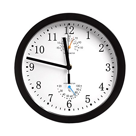 Magho Non-ticking Silent Indoor/Outdoor Wall Clock with Thermometer and Hygrometer for Kitchen/Living Room/Bathroom/Garage etc., Battery Operated, Black Color(Plastic, 10')