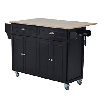 HOMCOM Wooden Top Drop-Leaf Rolling Kitchen Island Table Cart with Storage Cabinets - Black
