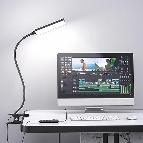 MONGERY Clip on Light LED Desk Lamp, Eye-Caring Clamp Table Lamps with USB Charging Port, 3 Modes 11 Brightness, 360° Adjustable Gooseneck Desk Light for Office, Home, Reading and More, Black